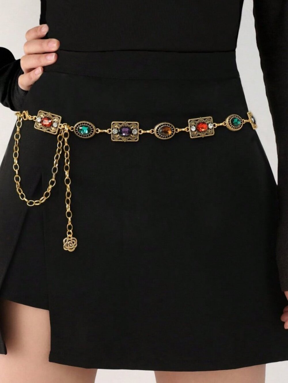 Gold Boho Women's Carved Waist Belt with Metal Chain - Picture 3 of 7